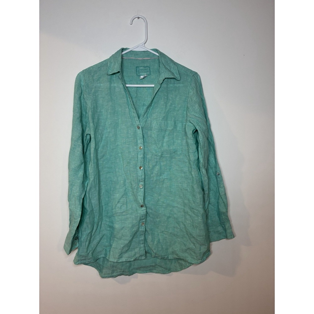 Sigrid Olsen Women's 100% Linen Button Down Shirt Tunic Aqua Size Small Coastal